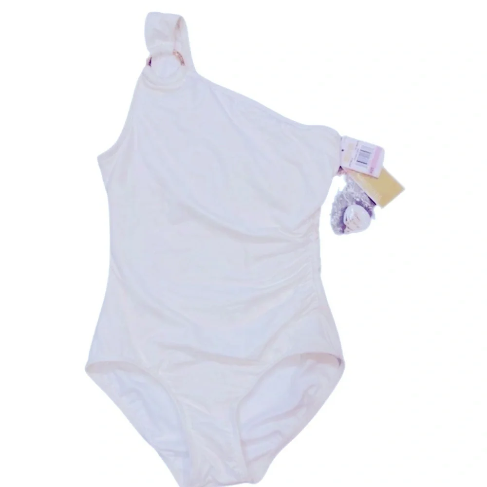 Michael Kors Women White Embellished One-Shoulder One-Piece Swimsuit Size US 16